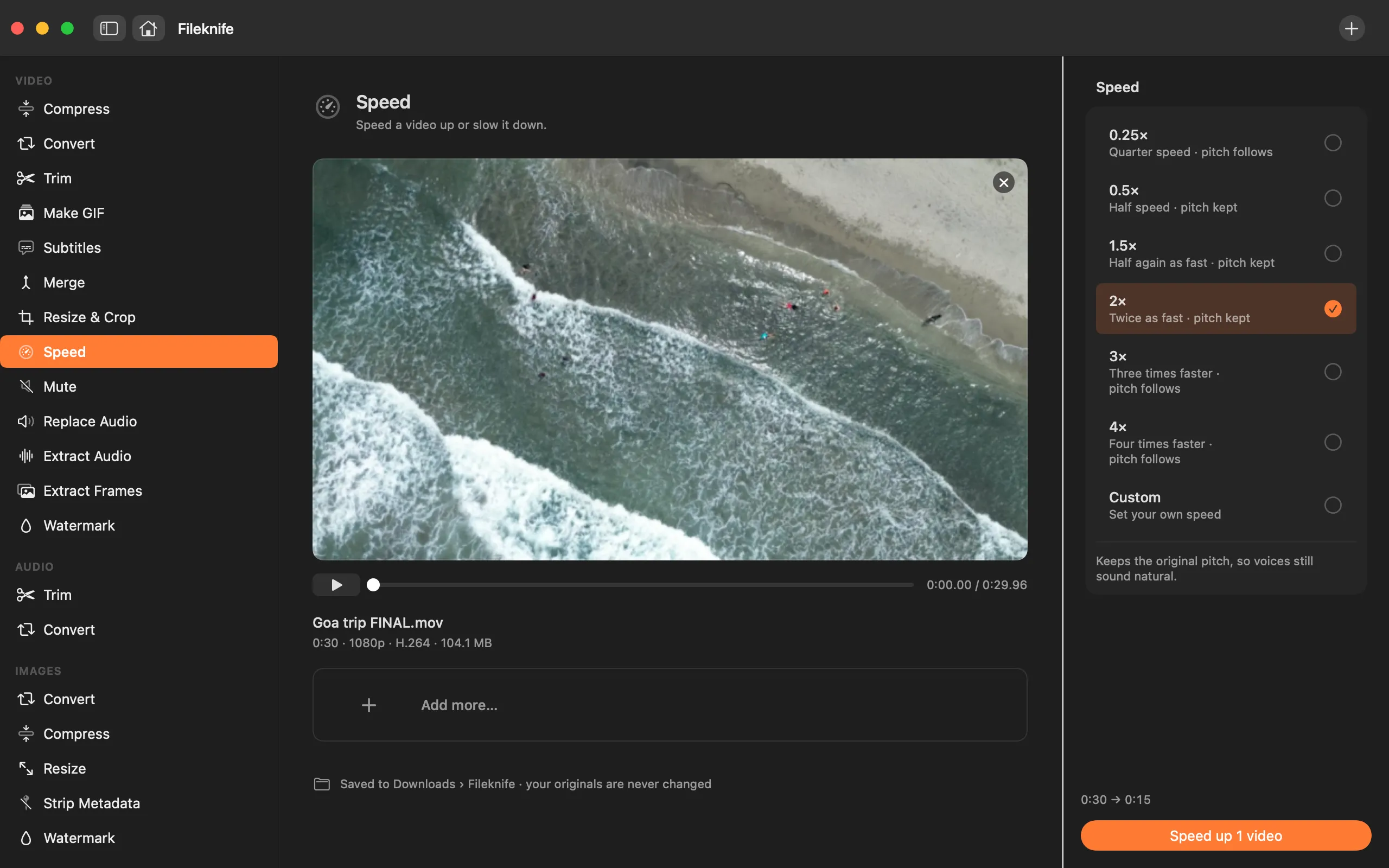 Fileknife showing Change Video Speed.