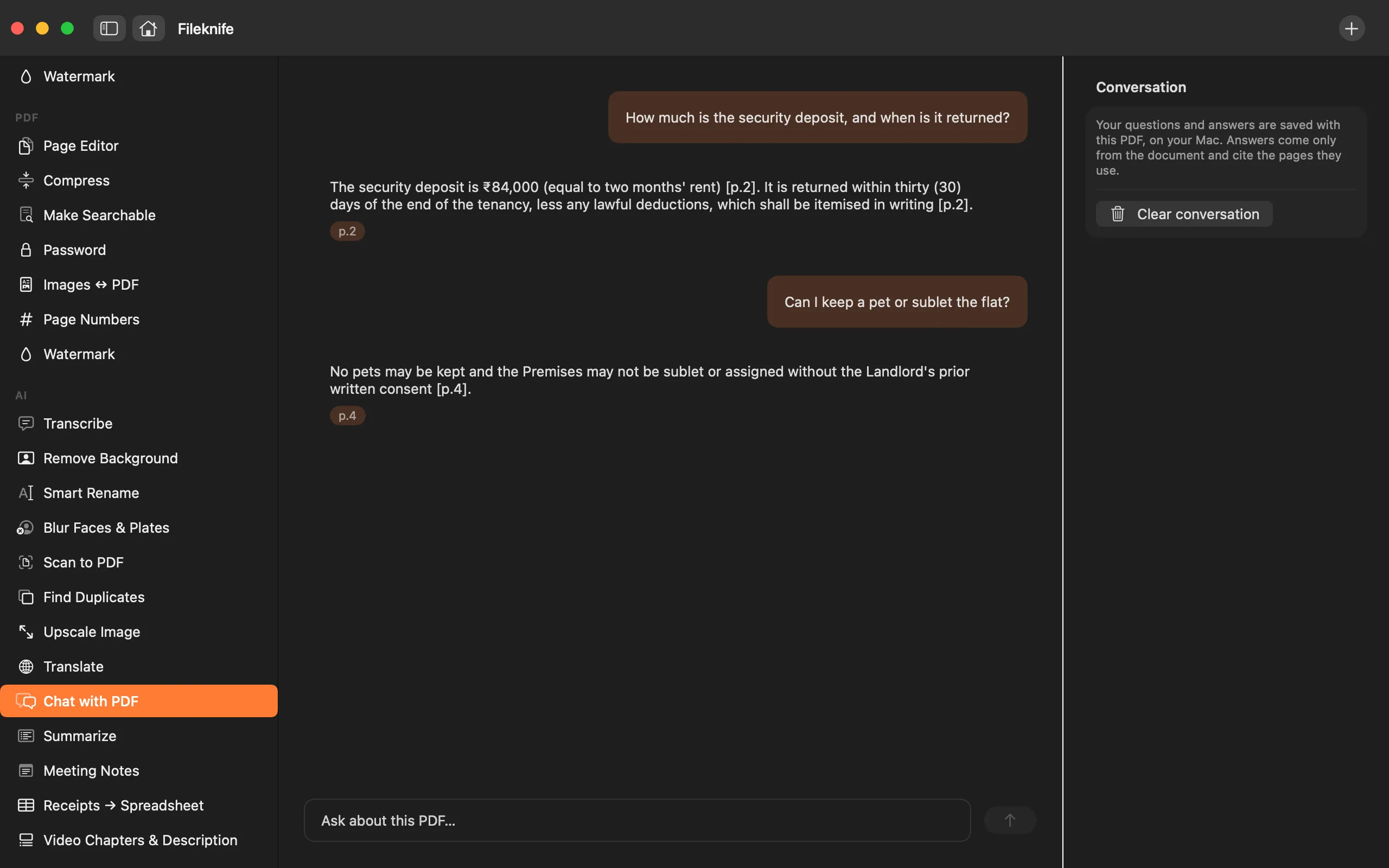 Fileknife showing Chat with PDF.
