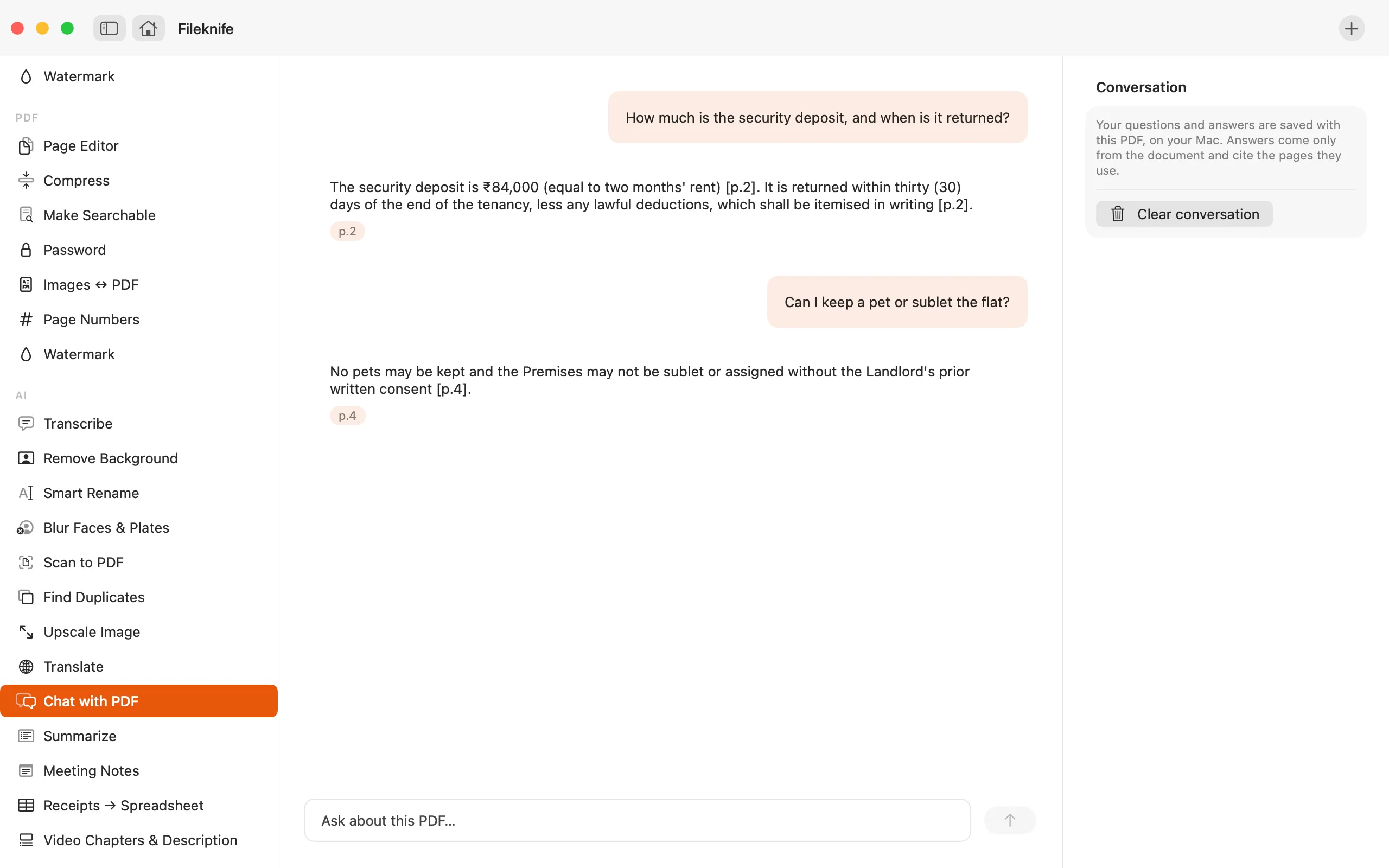Fileknife showing Chat with PDF.