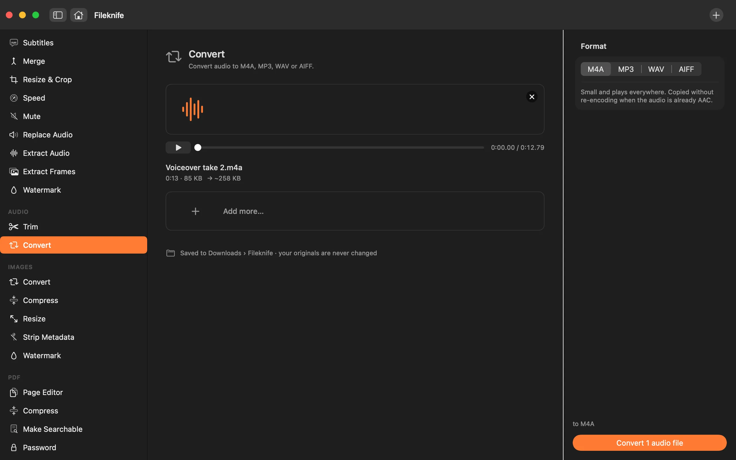 Fileknife showing Convert Audio.