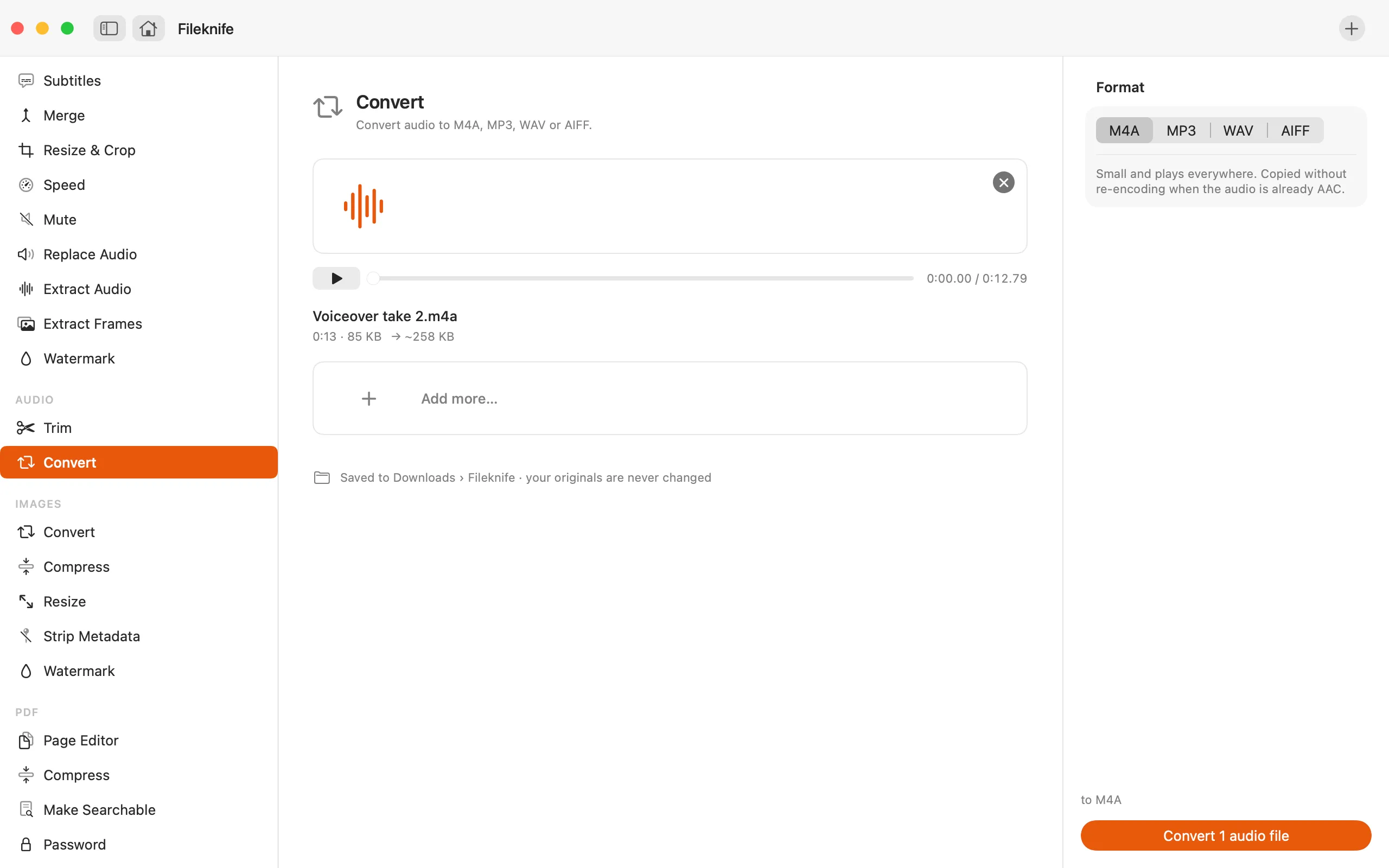 Fileknife showing Convert Audio.