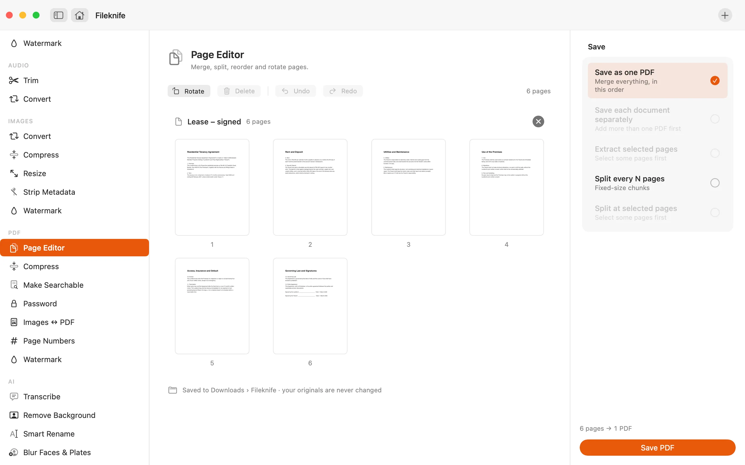 Fileknife showing a page grid across two PDFs, with several pages selected to merge into one document.