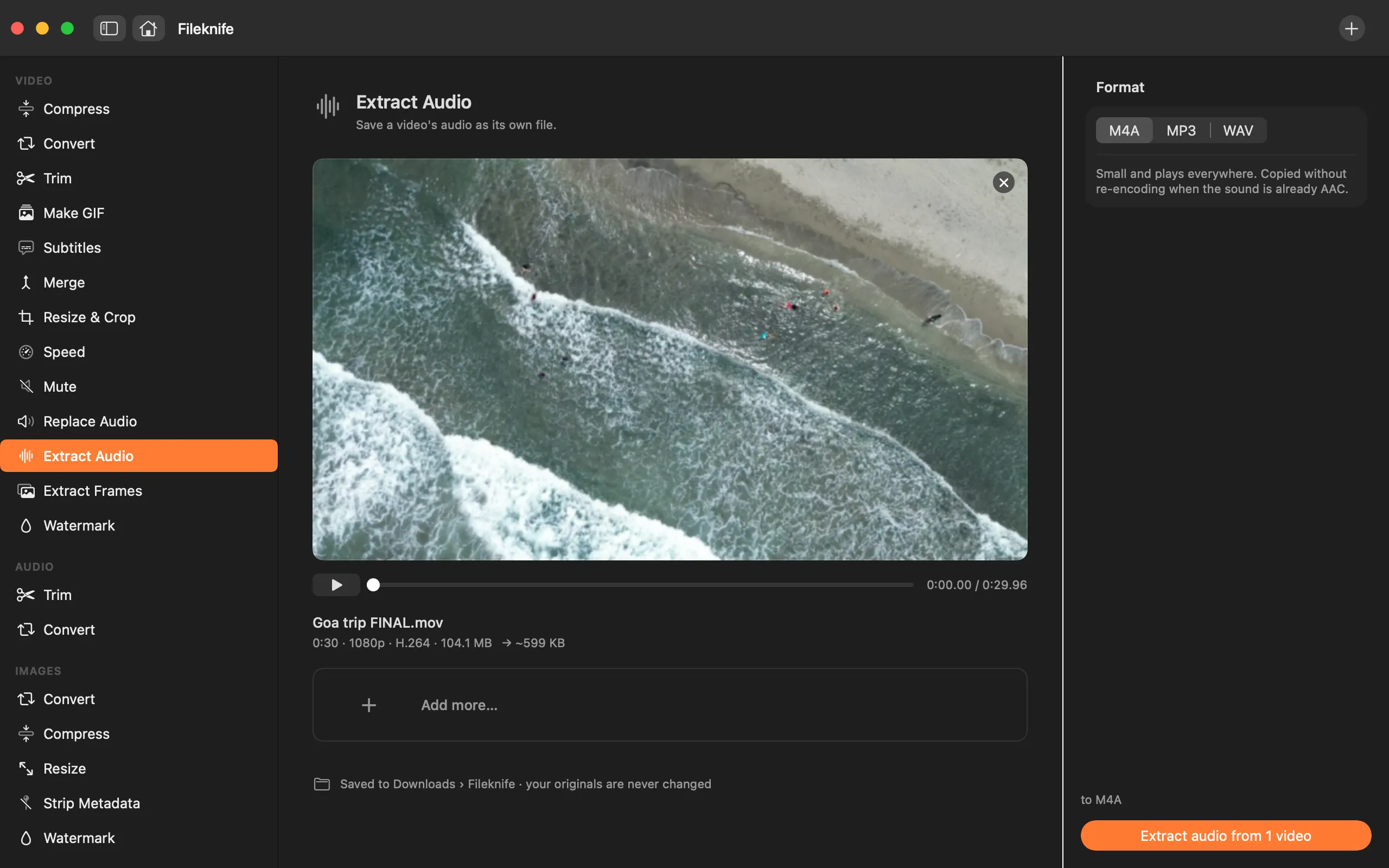 Fileknife showing Extract Audio from Video.