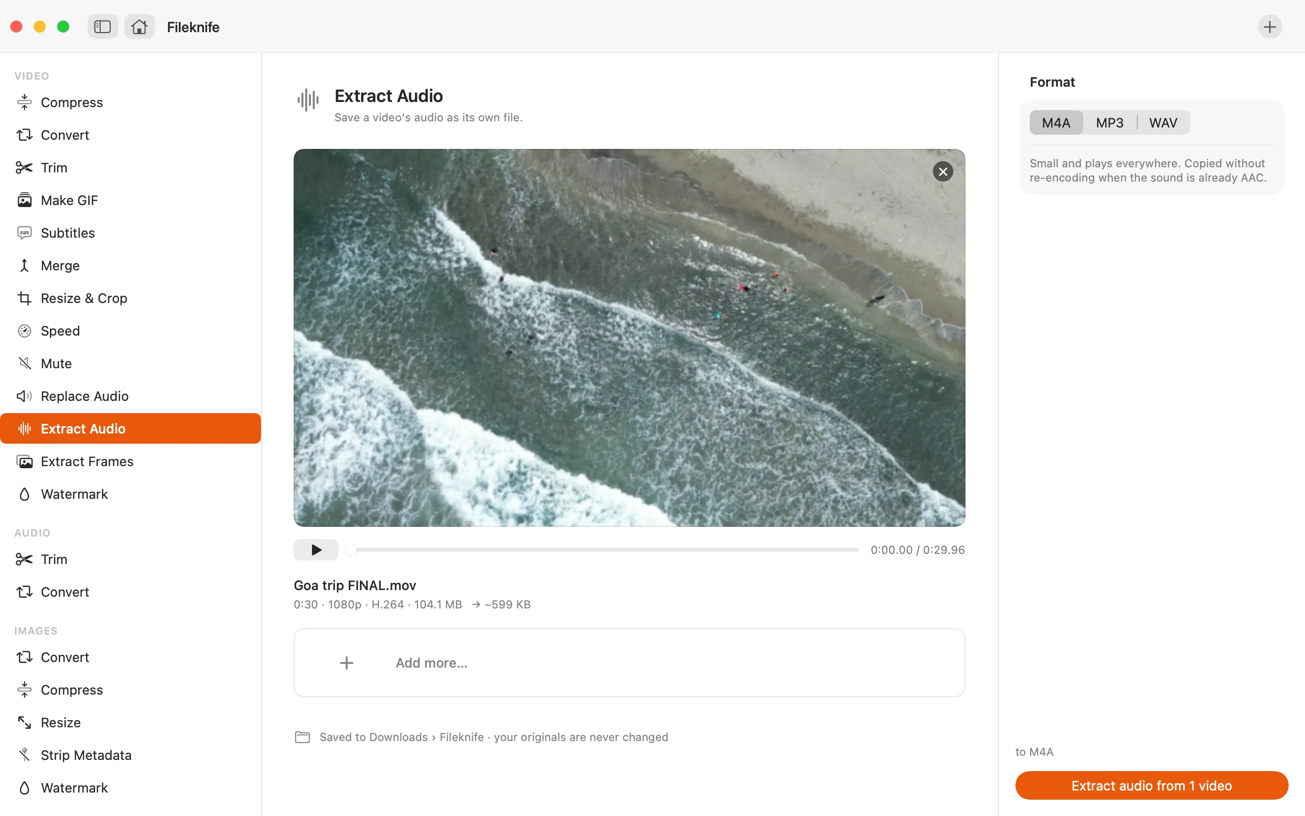 Fileknife showing Extract Audio from Video.