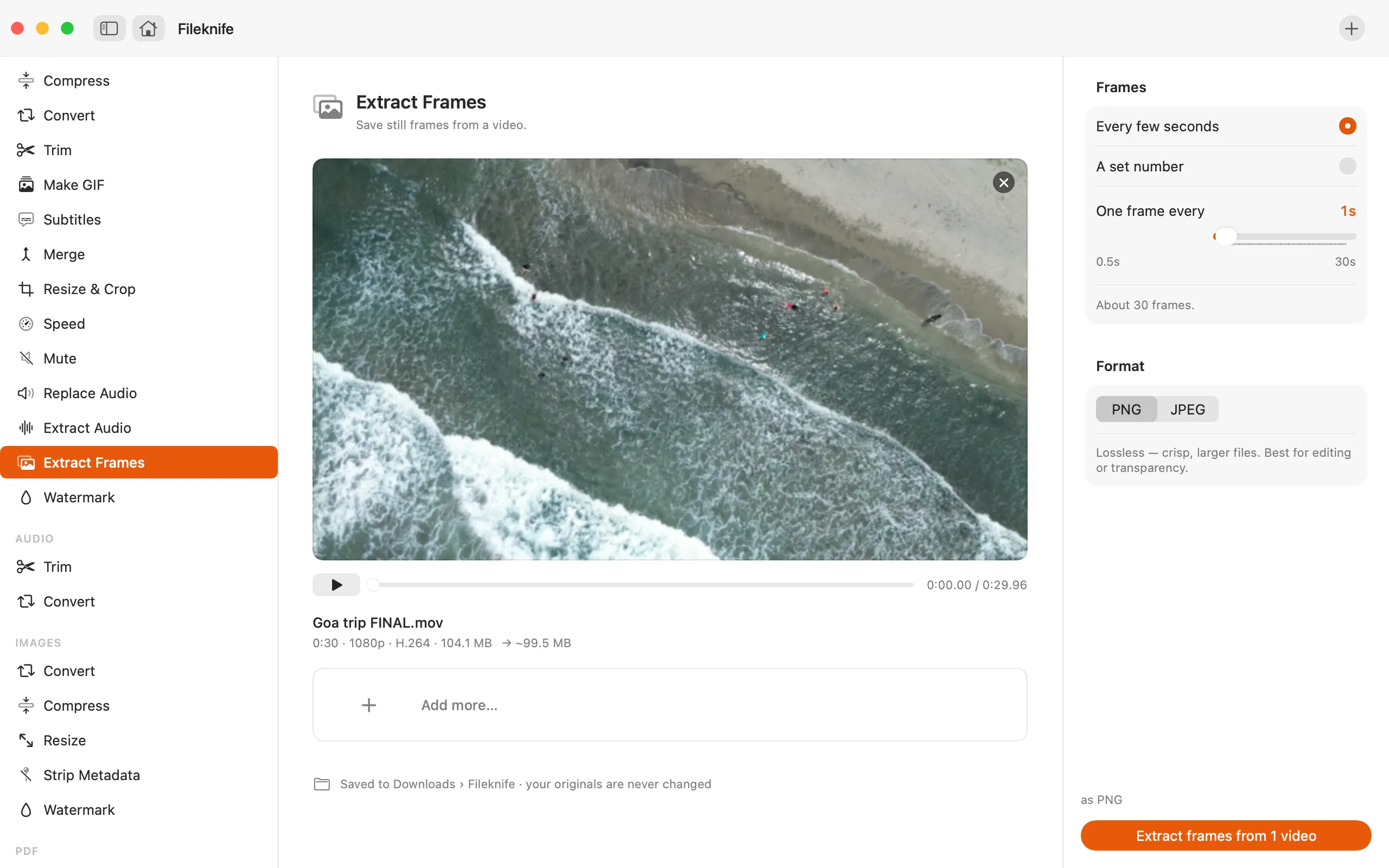 Fileknife showing Extract Video Frames.