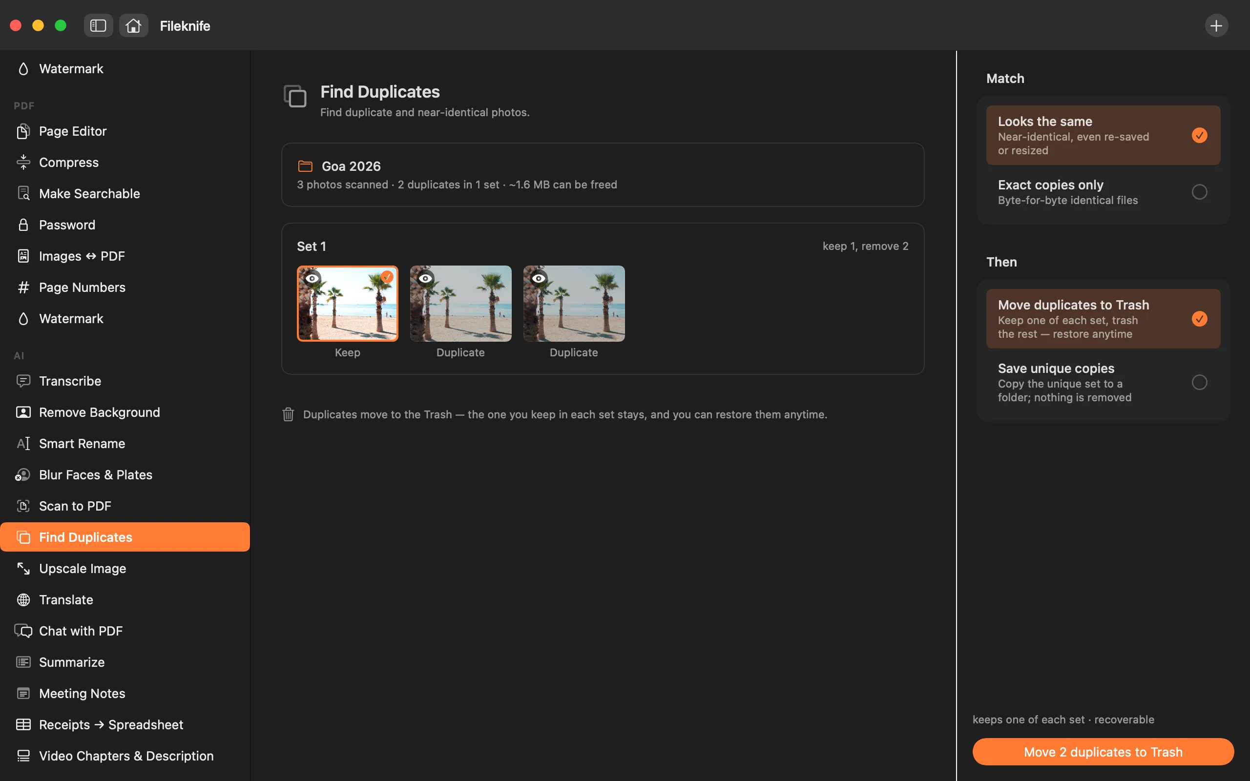 Fileknife showing Find Duplicate Photos.