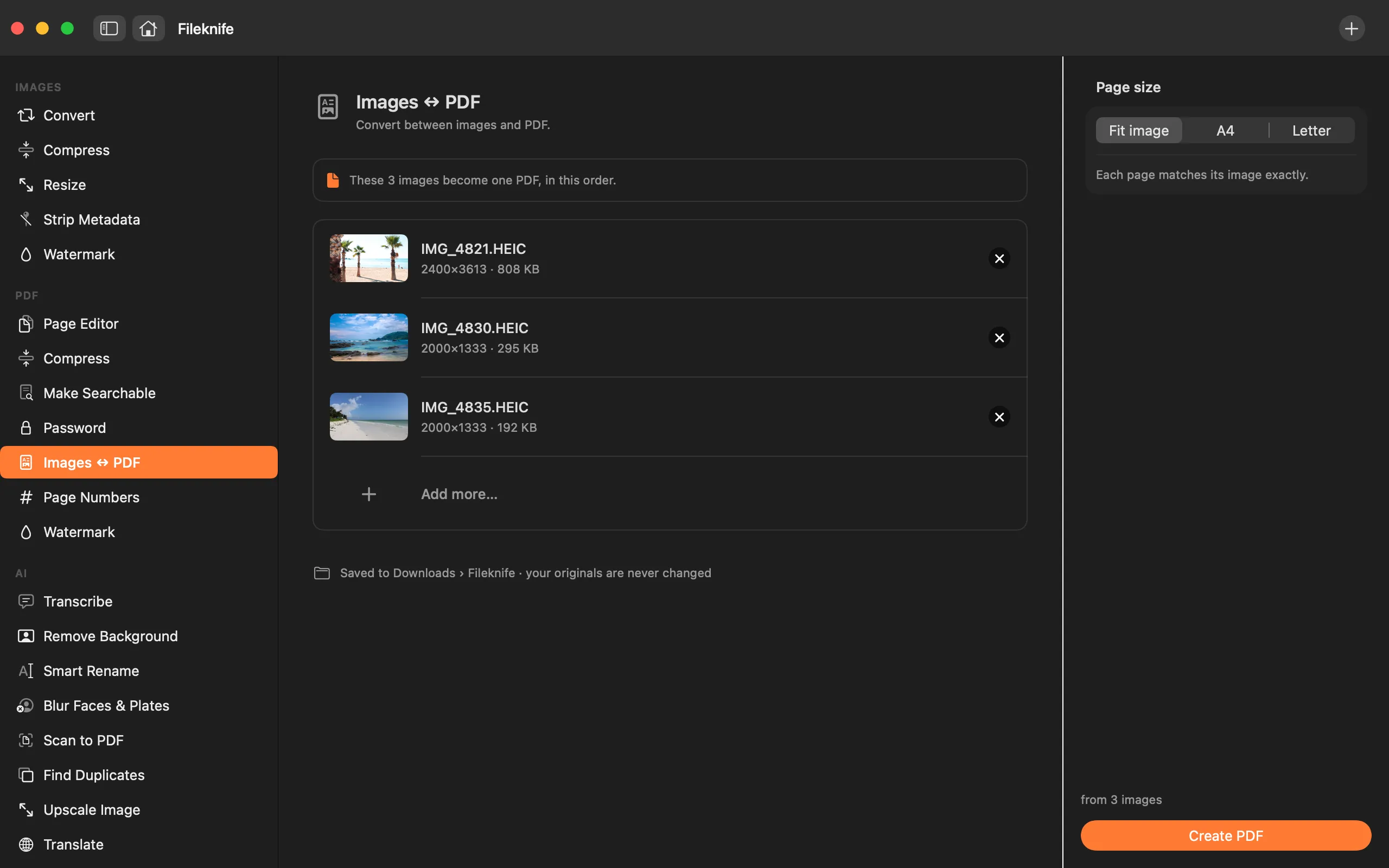 Fileknife showing Images ↔ PDF.