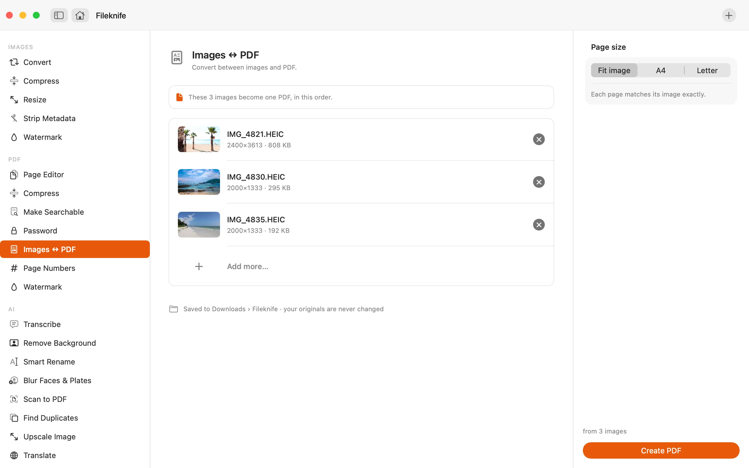 Fileknife showing Images ↔ PDF.