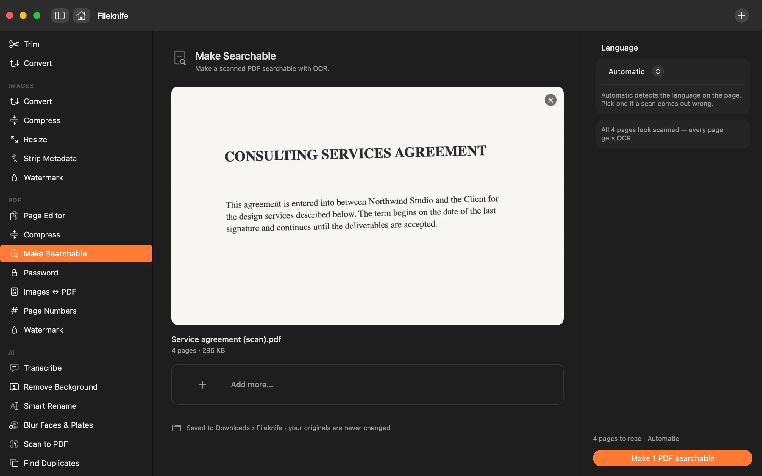 Fileknife running OCR on a scanned PDF, with a language picker and a Make Searchable button.