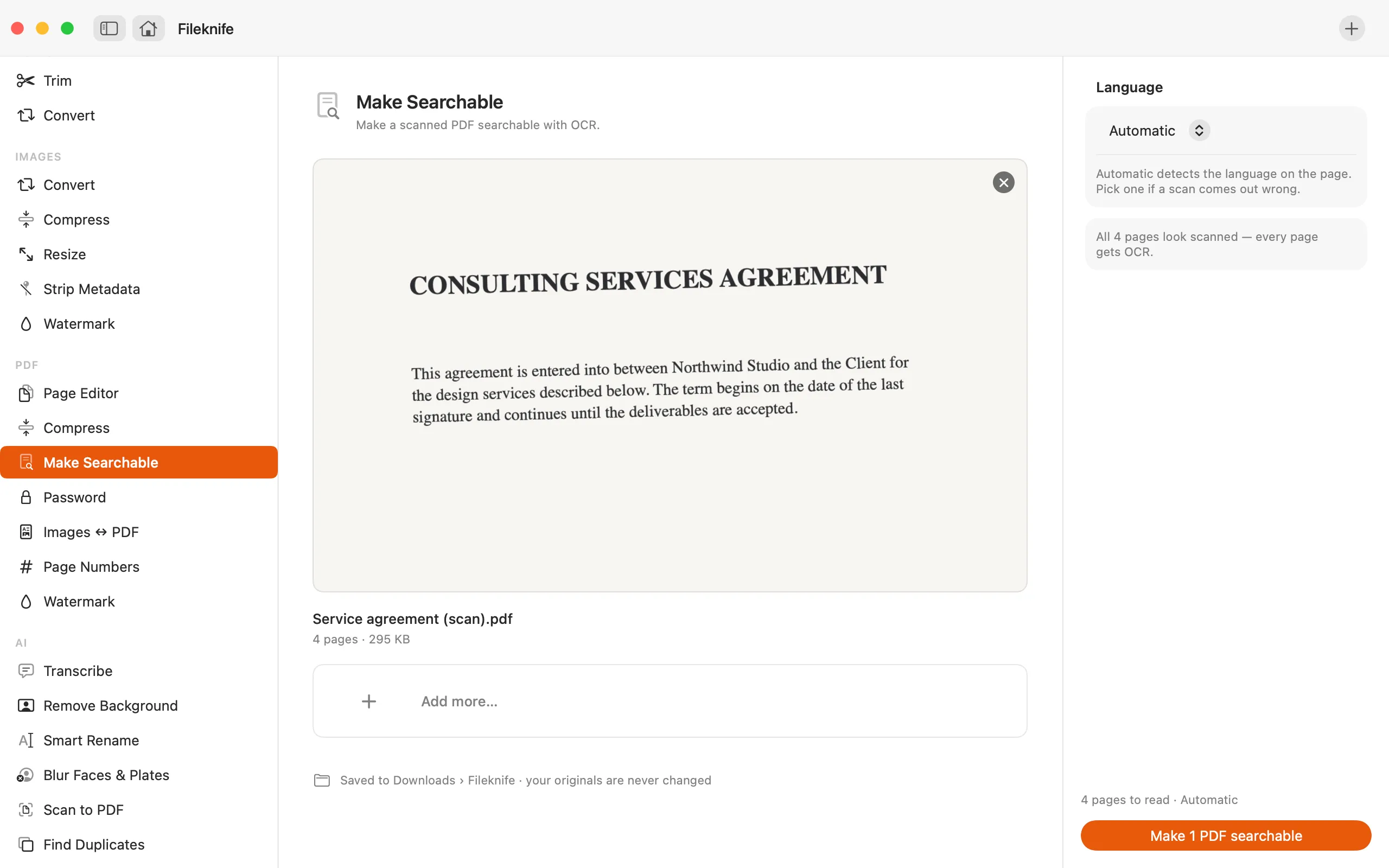 Fileknife running OCR on a scanned PDF, with a language picker and a Make Searchable button.