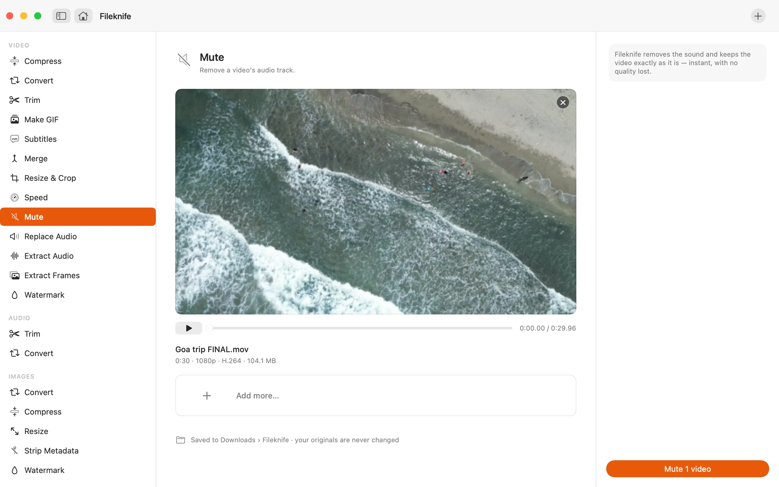 Fileknife showing Mute Video.