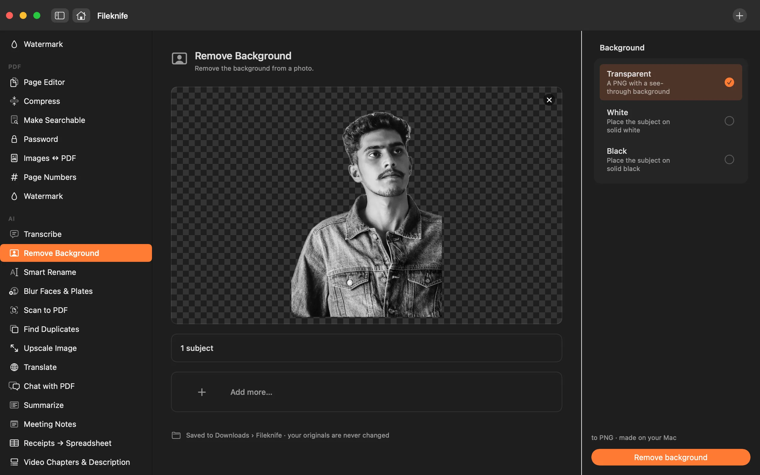 Fileknife showing Remove Background.