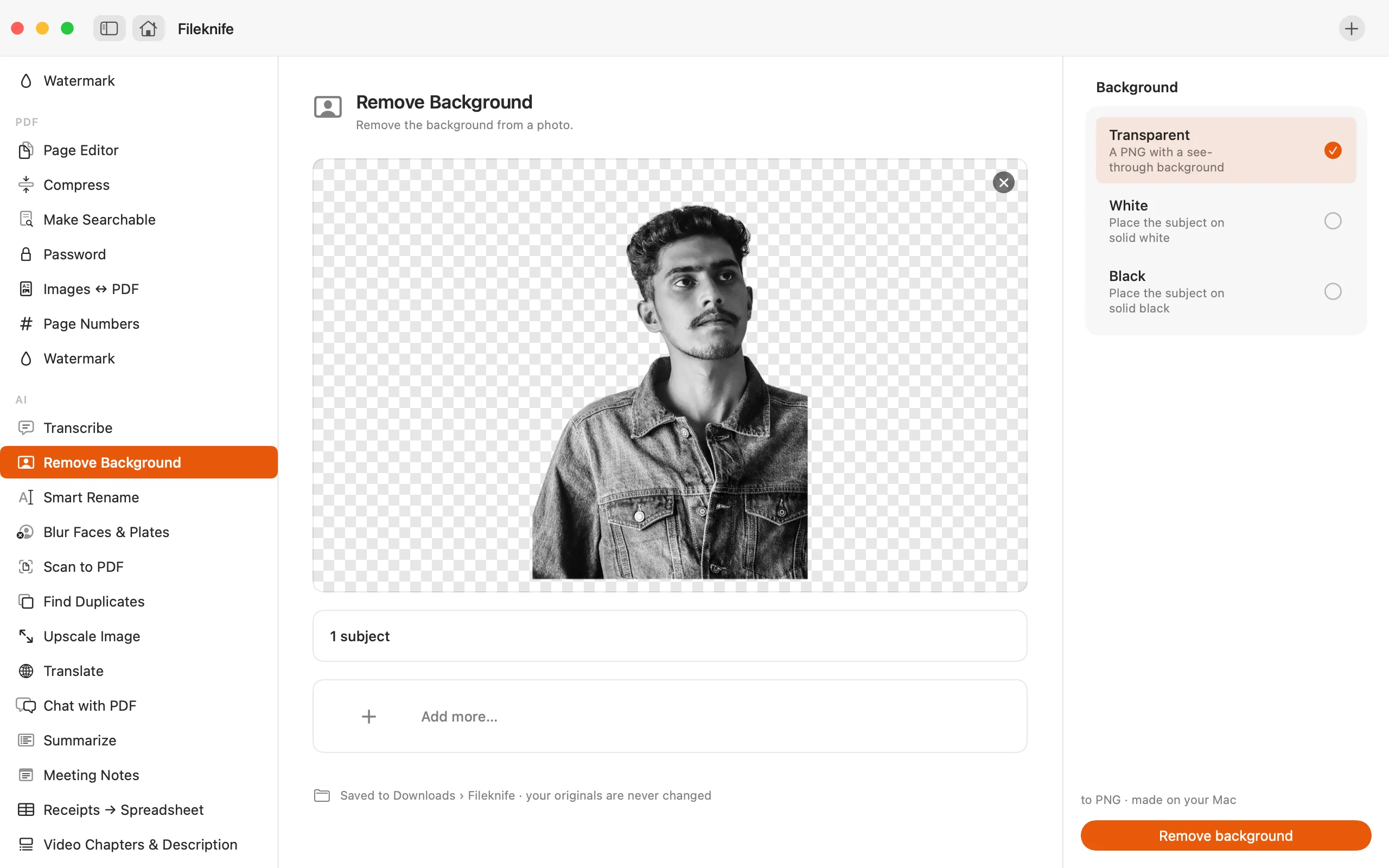 Fileknife showing Remove Background.