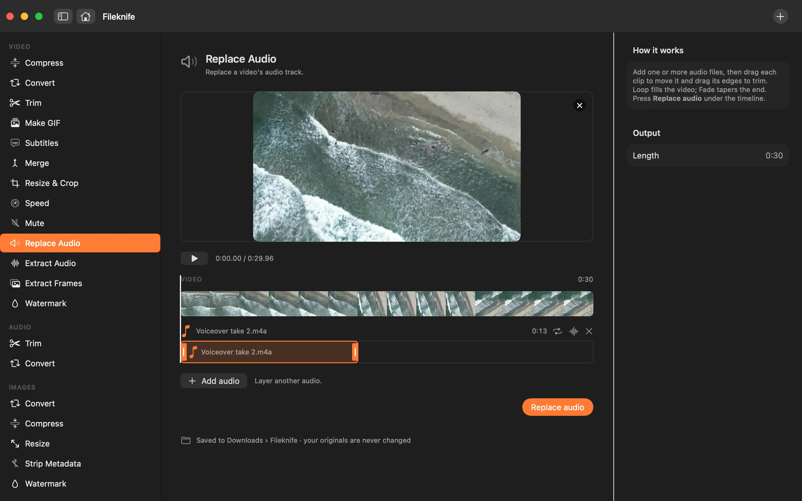 Fileknife showing Replace Video Audio.