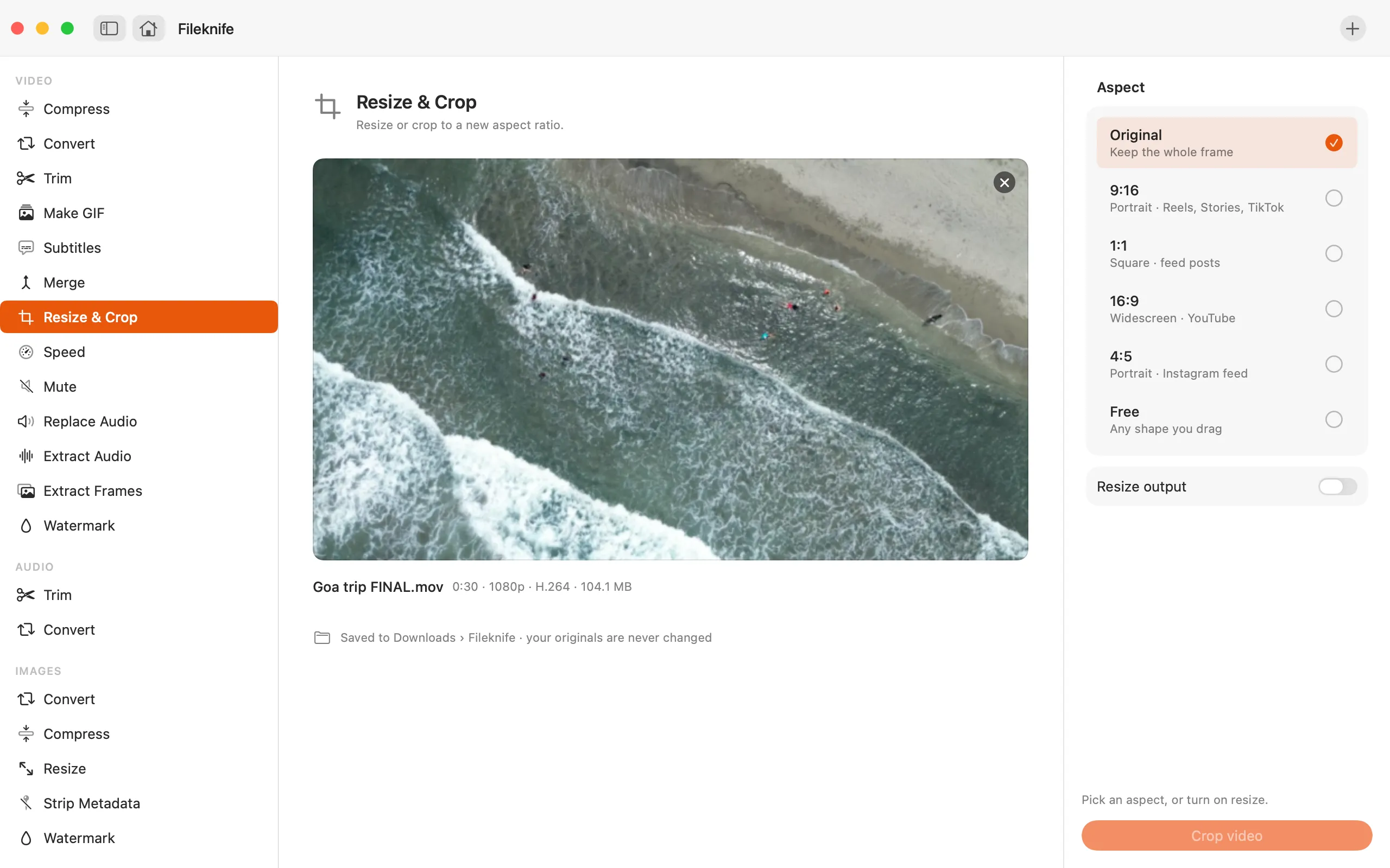 Fileknife showing Resize & Crop Video.