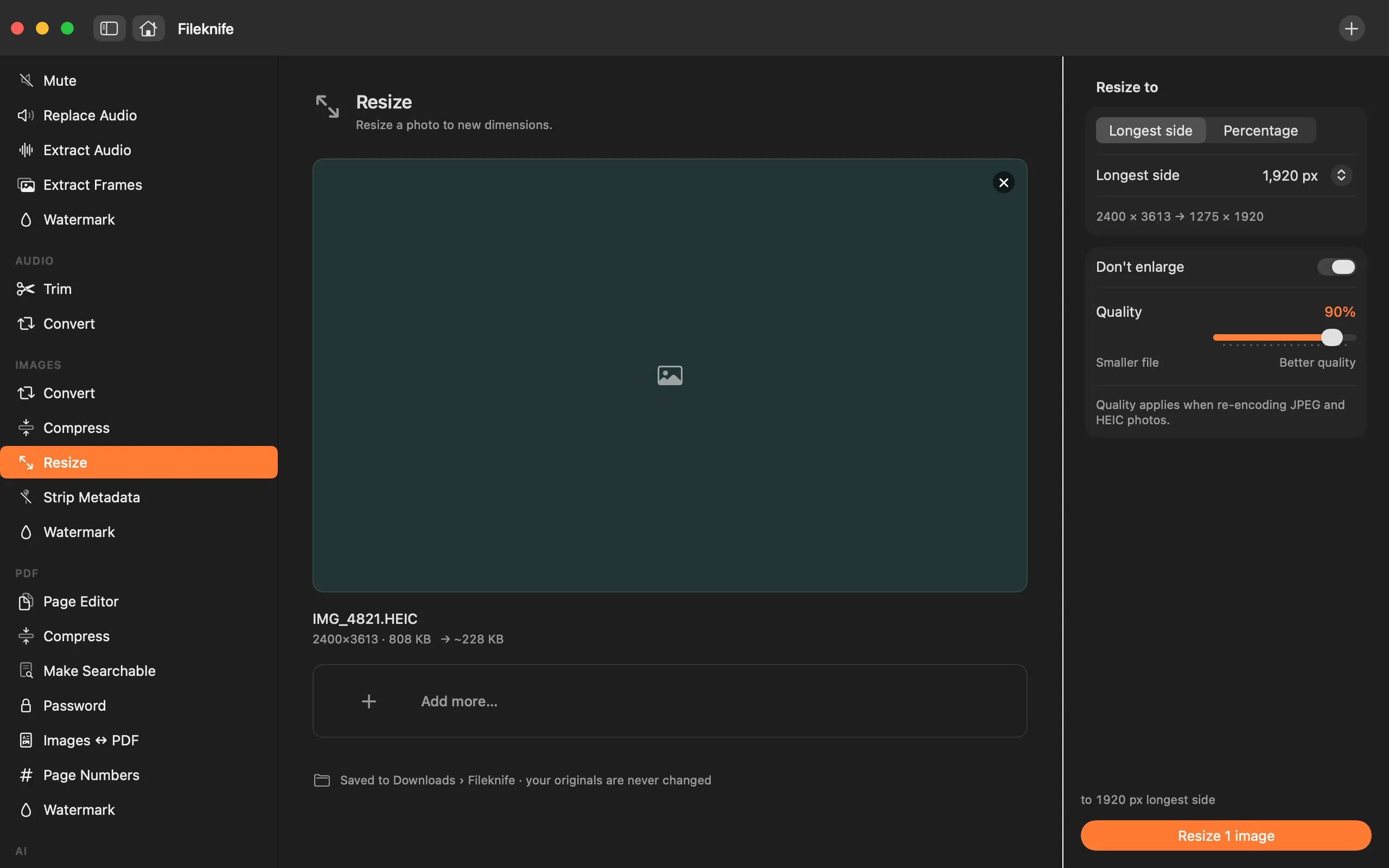 Fileknife showing Resize Image.