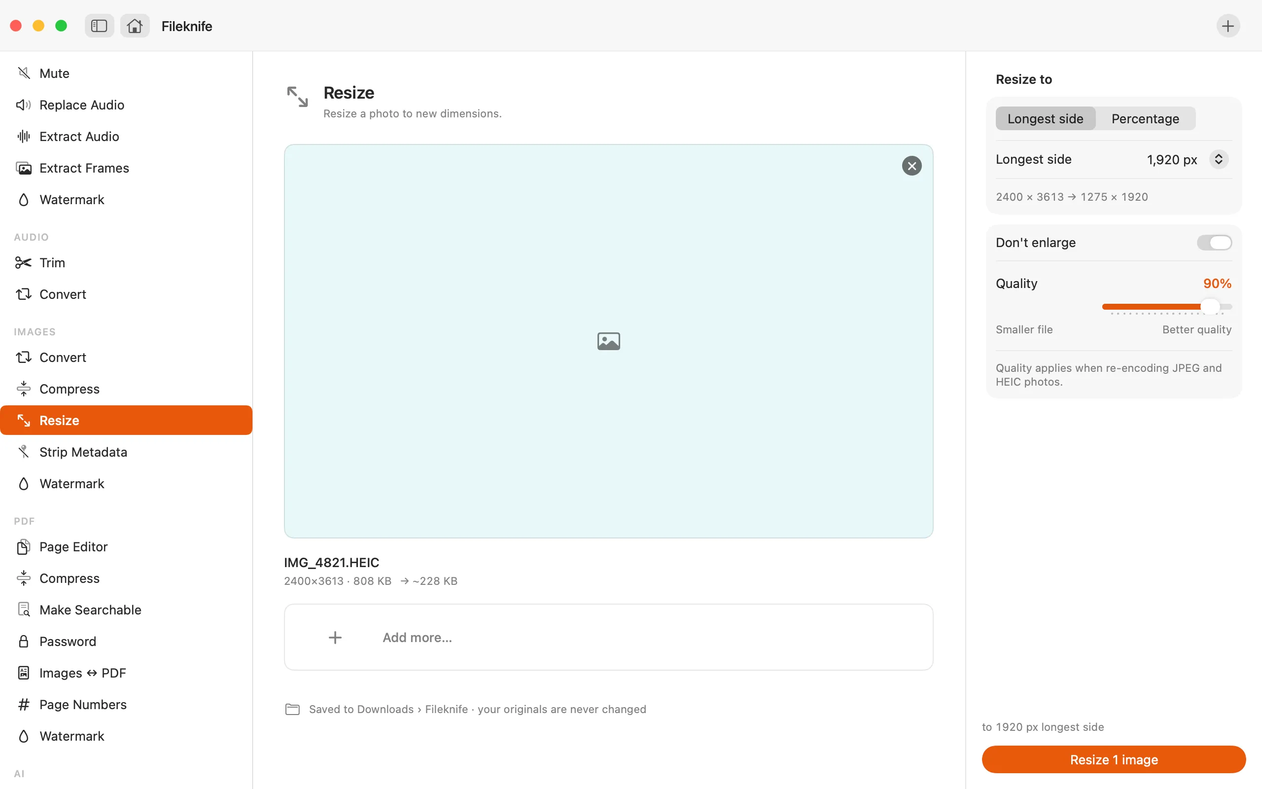 Fileknife showing Resize Image.