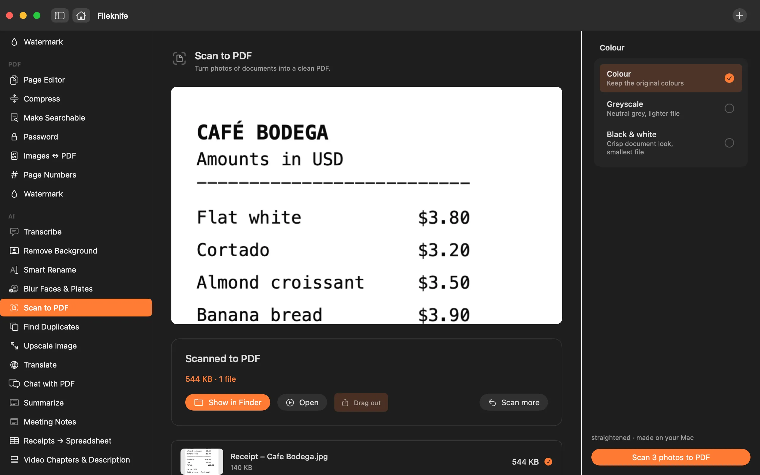 Fileknife showing Scan to PDF.