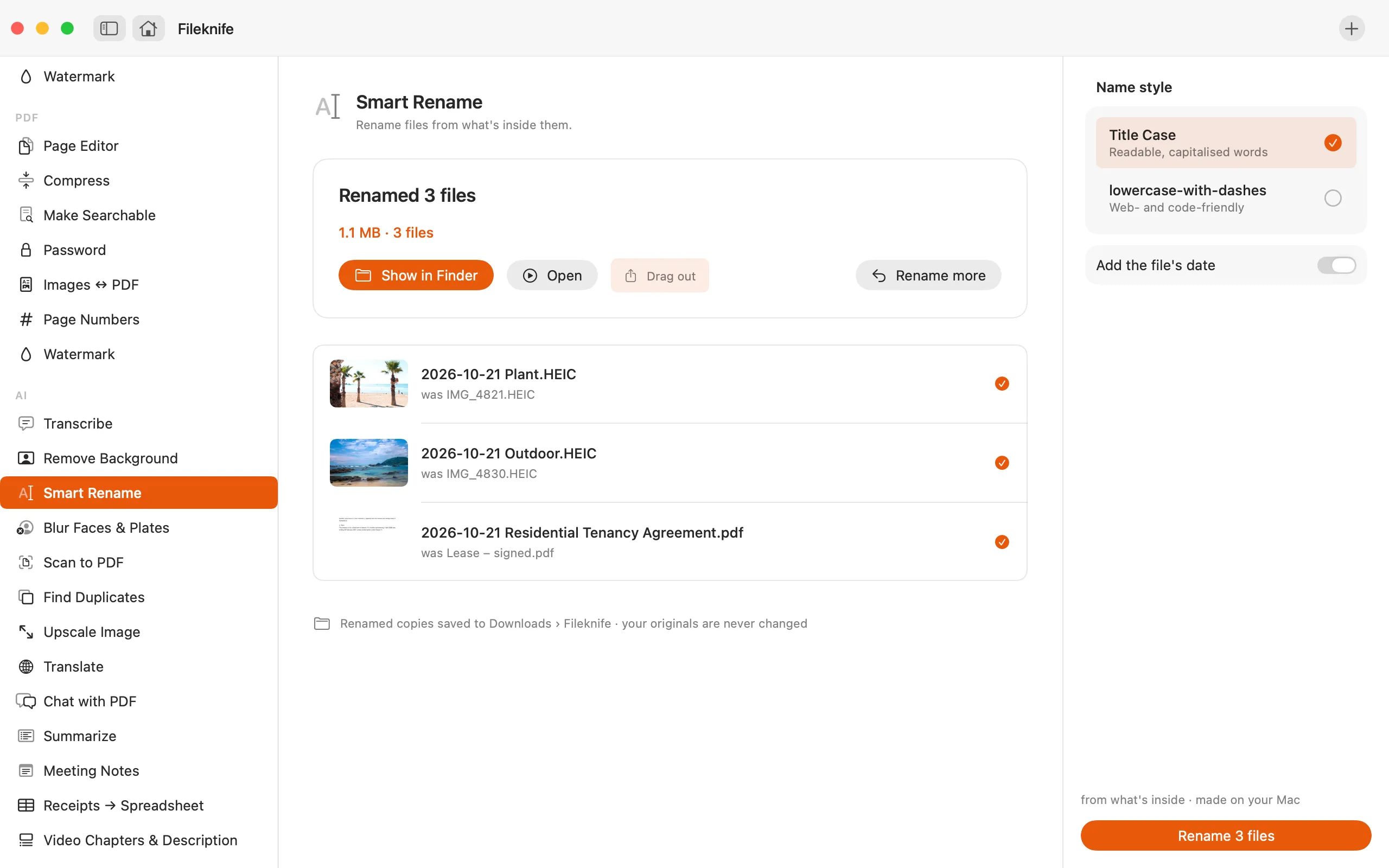 Fileknife showing Smart Rename.