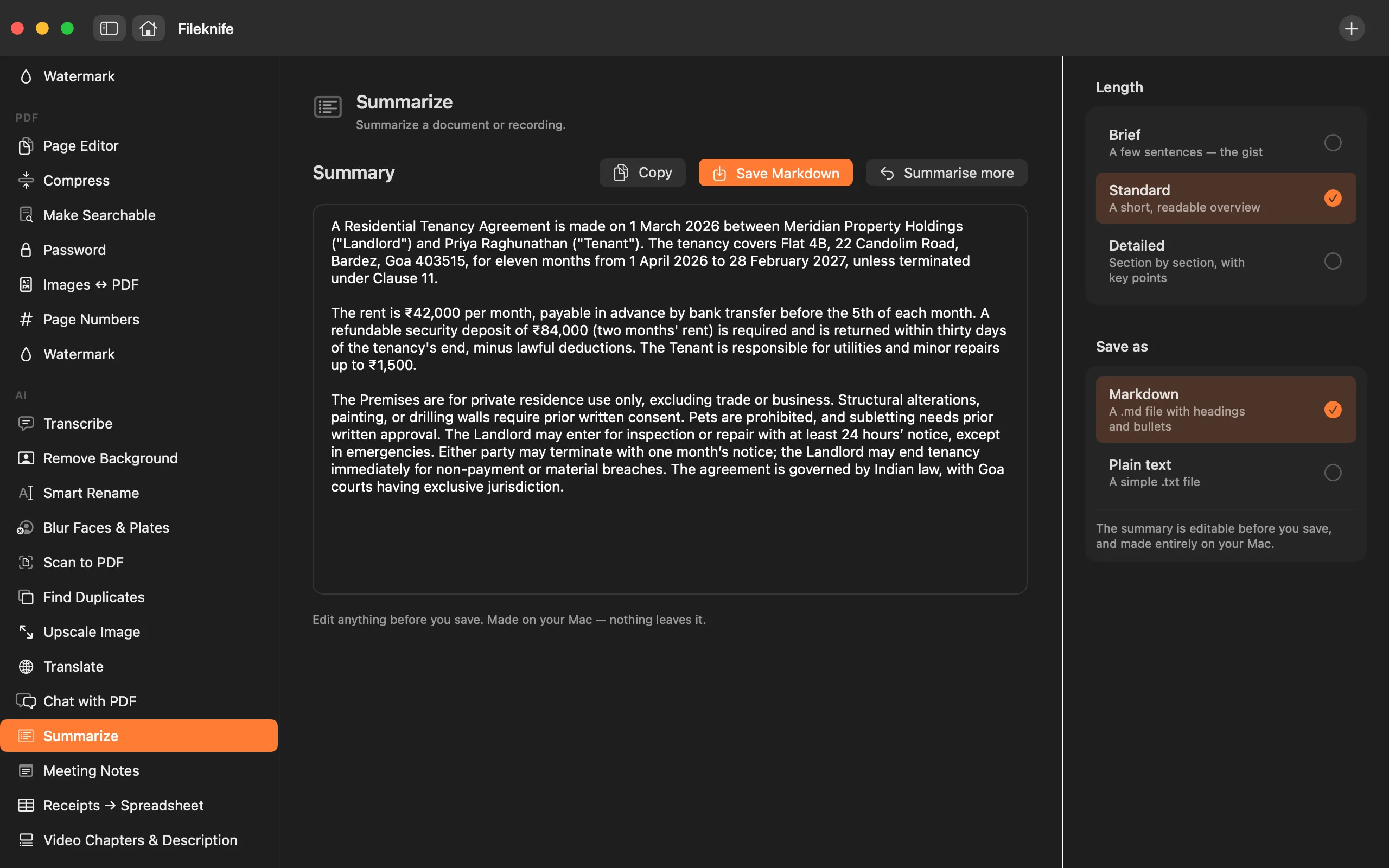 Fileknife showing Summarize.