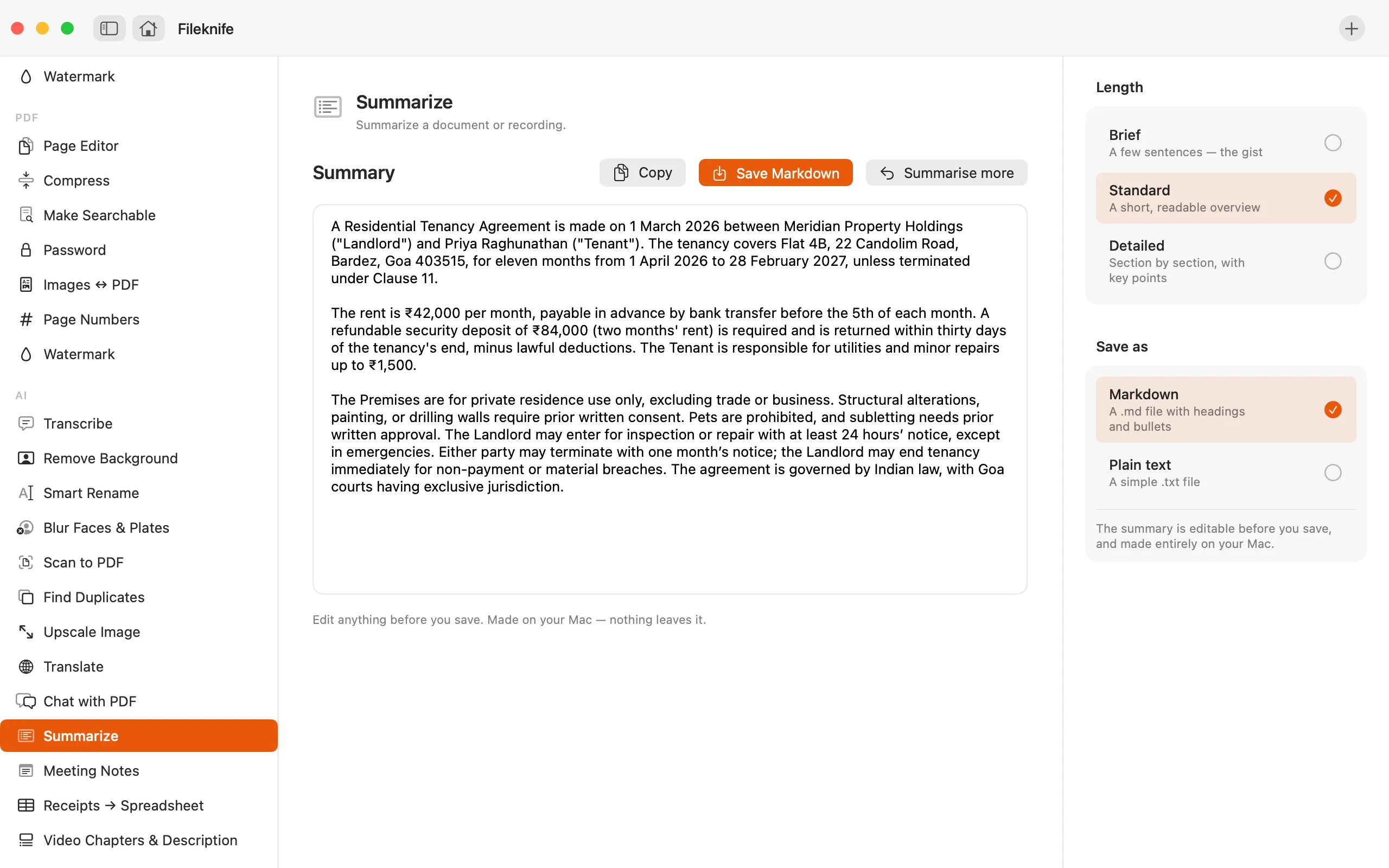 Fileknife showing Summarize.
