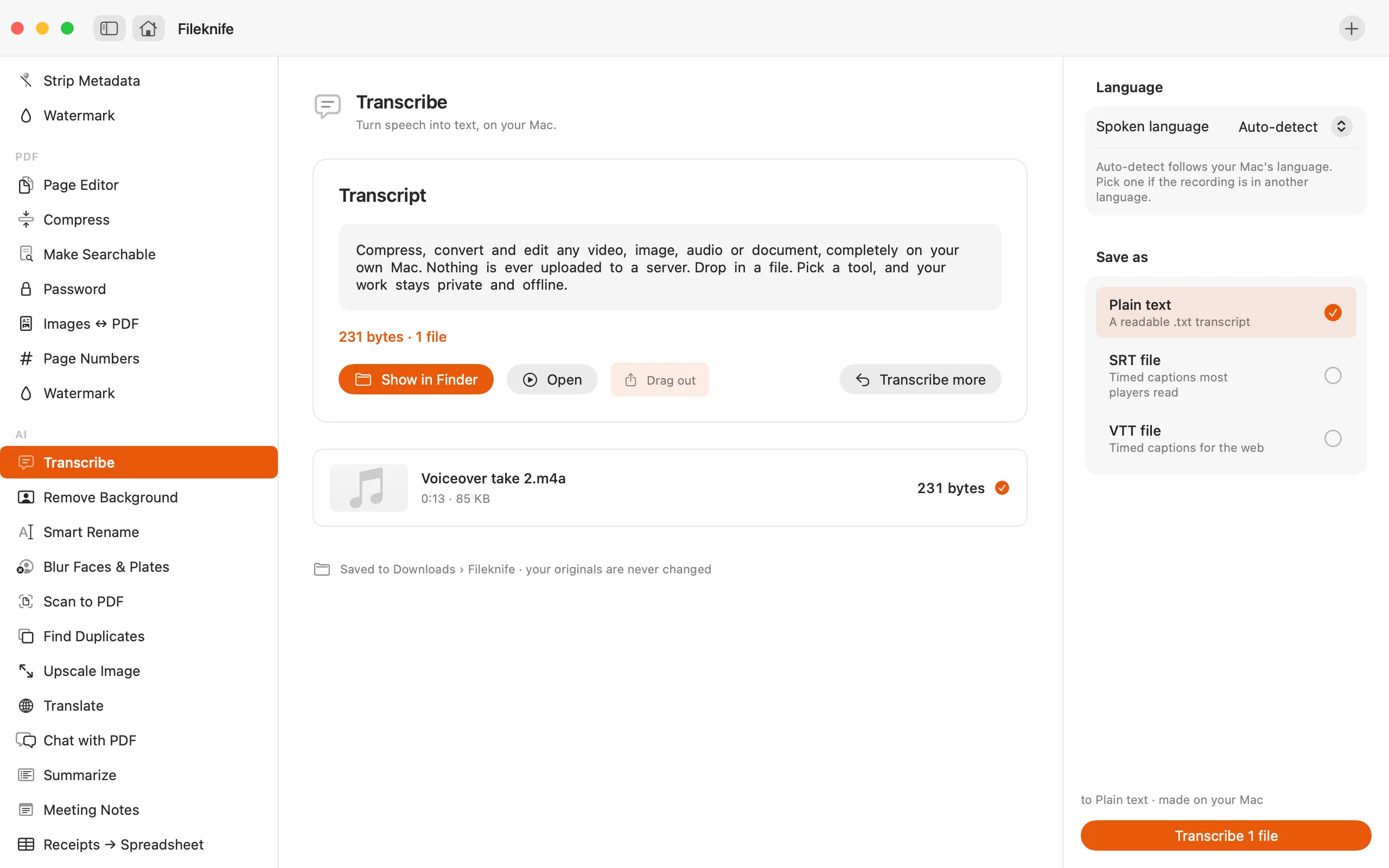 Fileknife showing Transcribe Audio.