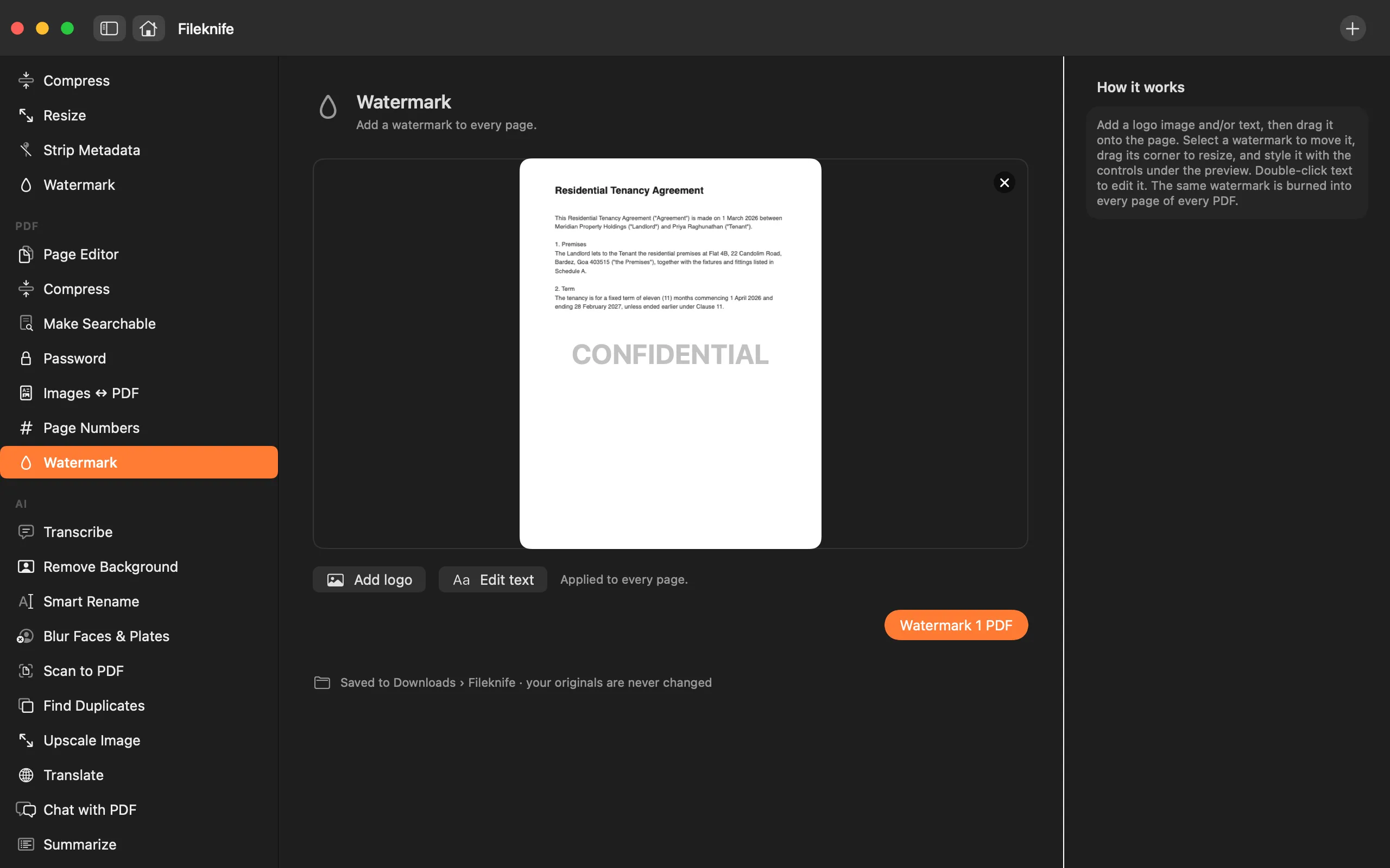 Fileknife showing Watermark PDF.