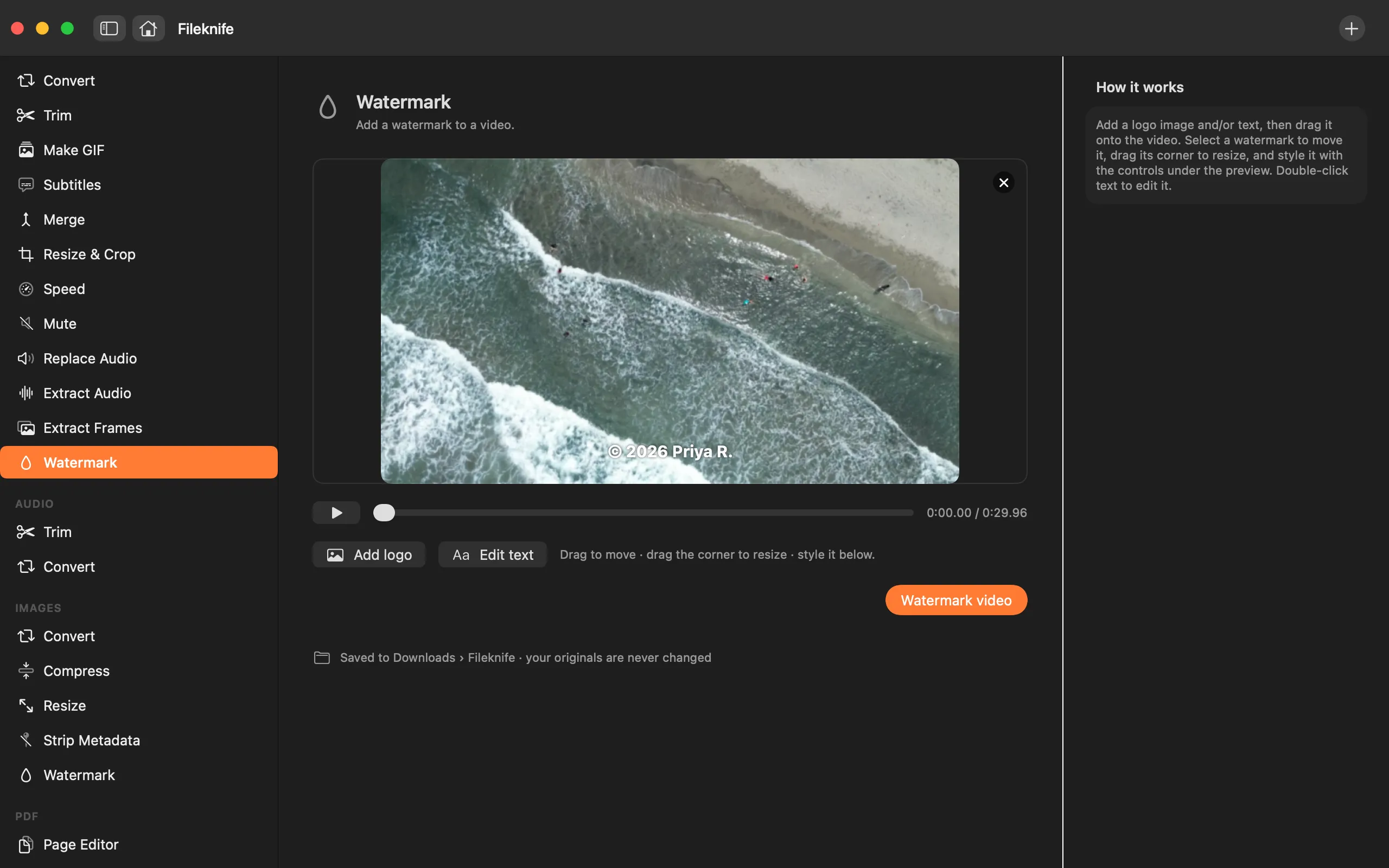 Fileknife showing Watermark Video.
