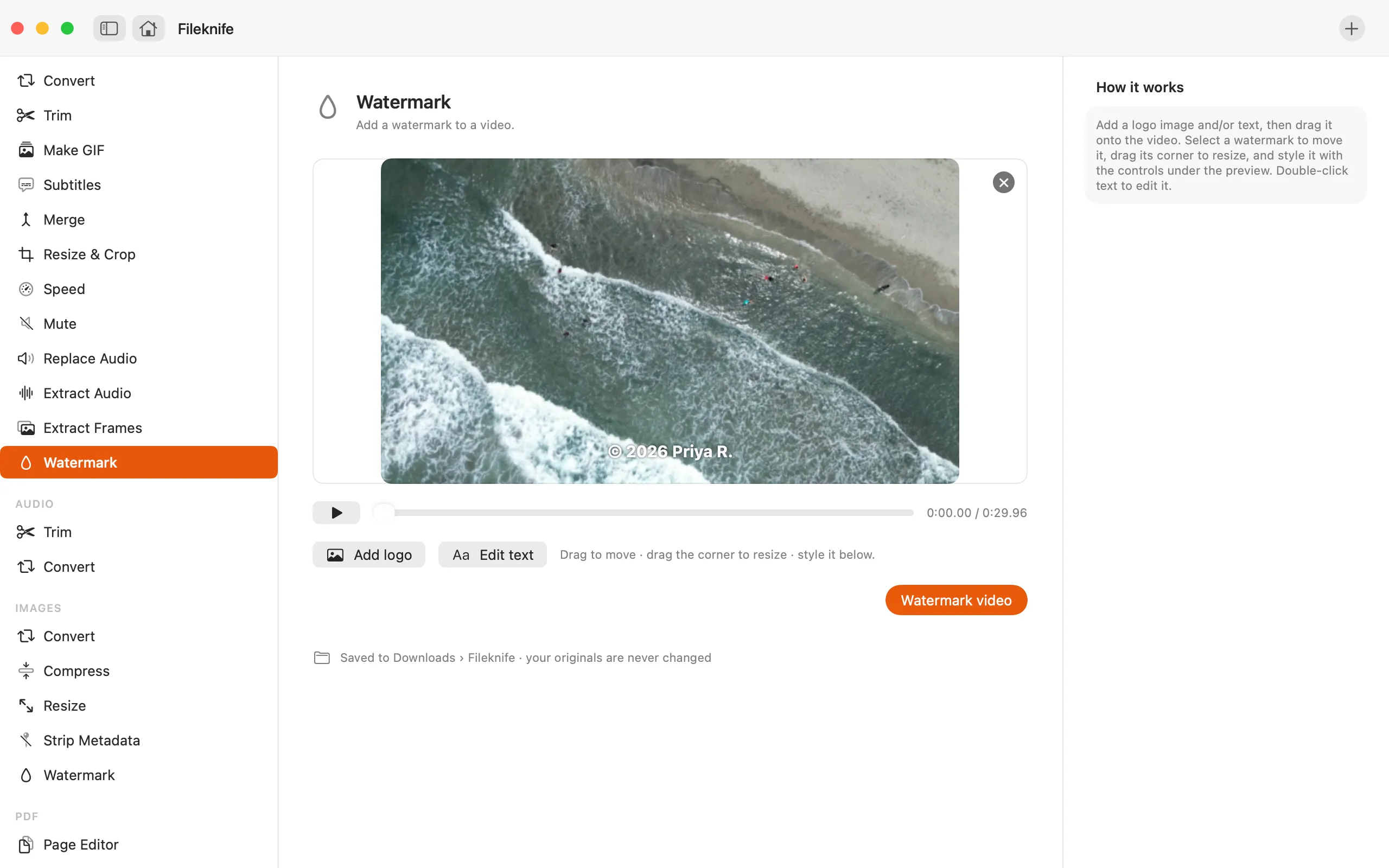 Fileknife showing Watermark Video.